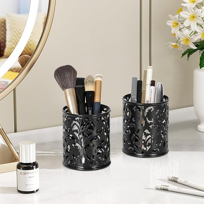EasyPAG Black Pen Holder for Desk, 2 Pack Round Pen Organizer, Brush Holder for Vanity, Metal Pencil Cup Organizer for Home, Office, Classroom, School