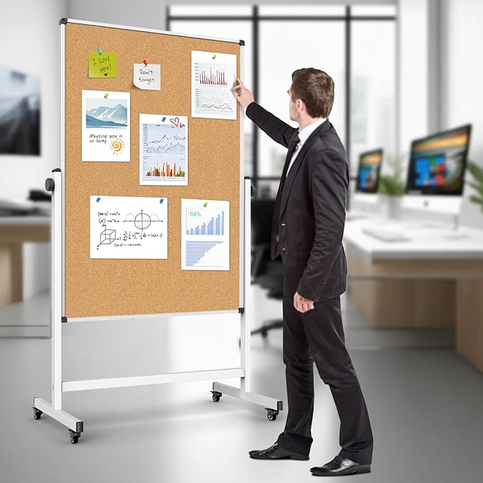 Double-Sided Corkboard Whiteboard, 32 x 48 Inches Dry Erase Board on Wheels, Height Adjustable, Portable Freestanding Board for Office, Planning, and Presentations (Cork & White)