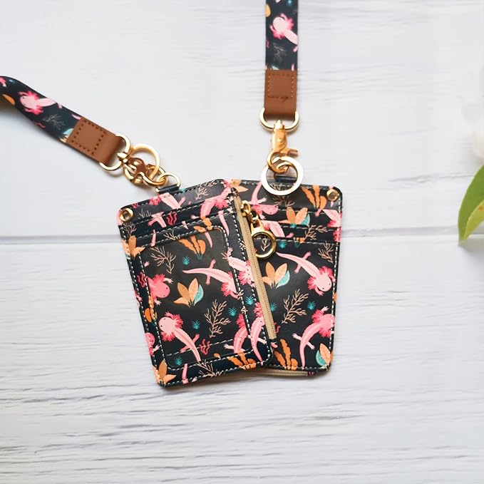 Cute Axolotl Badge Holder with Lanyard, Women's Lanyard Wallet, Id Badges Holder for Nurse, Teacher, Student, Office