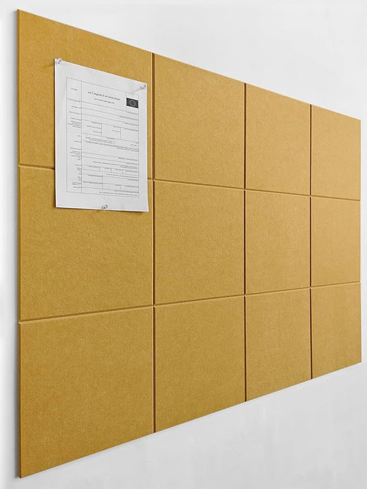 DECORITA Felt Wall Tiles | Large Cork Board Alternative | Aesthetic Felt Bulletin Board for Office, Home & Classroom | Large Cork Boards for Walls Pinboard (12-Pack) | Mustard