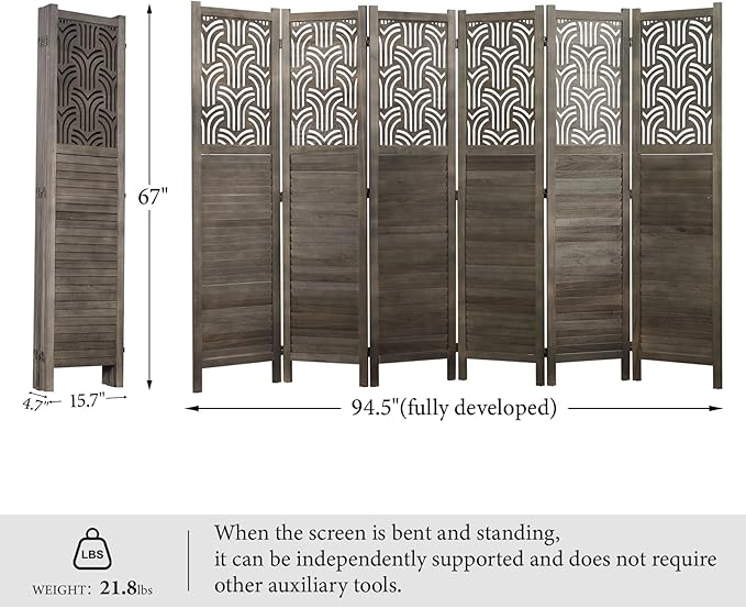 Svimi Folding Room Divider, 66.9 Inch 6 Panels Wood Carved Privacy Screens, Free Assembled Freestanding Portable Separation Wall for Home Office Restaurant Bedroom (Gray)