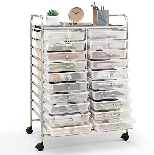 Happygrill 20-Drawer Organizer Cart Tools, Mobile Utility Storage Cart with Removable Drawers & Lockable Wheels, Rolling Storage Cart with wheels for Home Office School(White)
