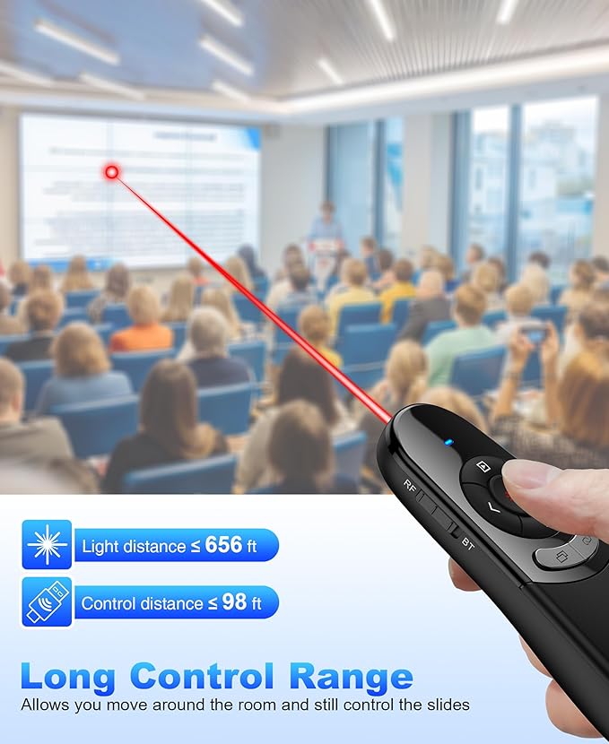 Presentation Clicker Compatible with Bluetooth 5.1 & RF 2.4GHz Dual Modes Long Range Wireless Presenter Clicker Remote Powerpoint Clicker Slide Clicker for Office Classroom Teacher Powered by AAA