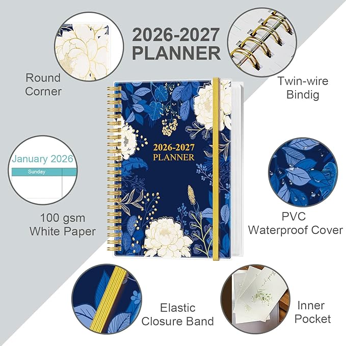 2026-2027 Planner - 18 Months Weekly & Monthly Planner from January 2026 - June 2027, Spiral Notebook 2026-2027 with Elastic Closure, Inner Pocket, Medium 5.8" x 8.3", Blue Leaf Flower