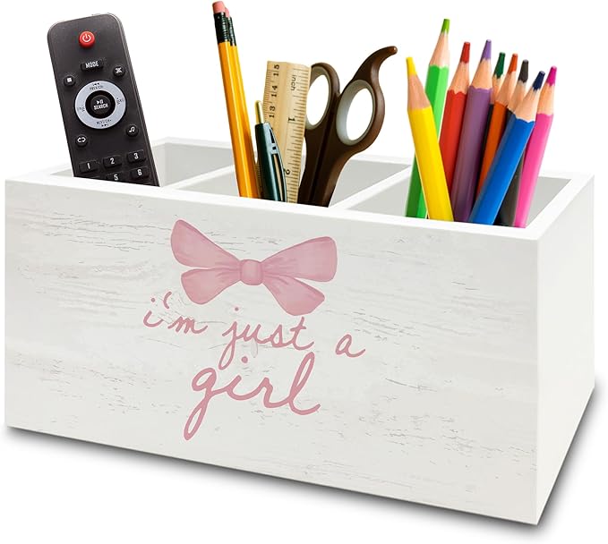 XPH Pink Coquette Bow Preppy Pen Pencil Holder Organizer for Desk, Preppy Desk Decor, I'm Just a Girl Pink Wooden Box Sign for Girly Room Bedroom Dorm Tabletop Decorations