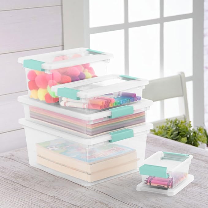 Sterilite 24-Pack Clip Box, Stackable Clear Plastic Bins with Latching Lids, Mini - Writing, Arts or Crafts Supplies Storage Containers for Home, Office, Classroom and Workshop Organization
