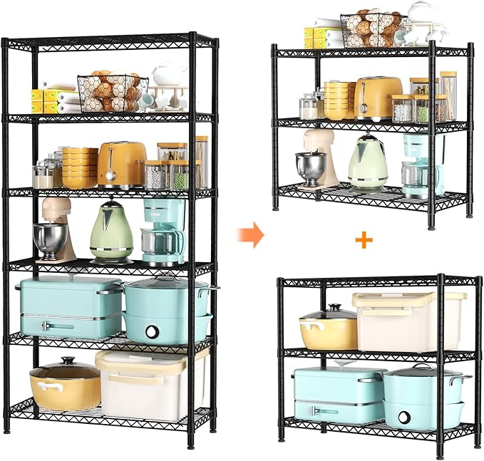 SINGAYE 6 Tier Shelf Organizer Storage Metal Shelves Garage Wire Shelving Unit Pantry Rack Shelves Bathroom Organizers and Shelf Closet Metal Kitchen 36" Dx14 Wx72 H Black
