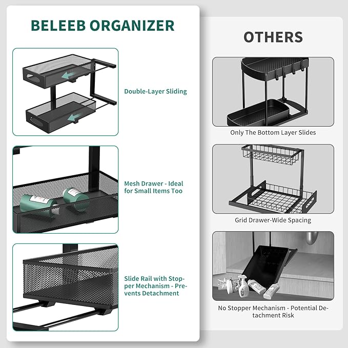 Beleeb Under Sink Organizer, 2-Pack of 2-Tier Metal Slide Out Pull Out Cabinet Organizer Shelf, Height Adjustable Organization and Storage Series, Bathroom/Desktop/Cabinet/Kitchen Organization, Black