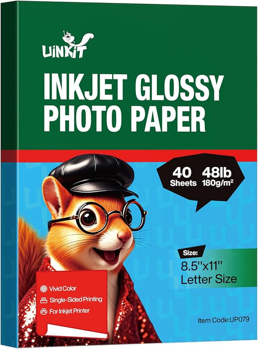 Uinkit 40 Sheets Bright White Single Sided Glossy Photo Paper 8.5x11 Letter Size 180gsm 48lb Instant Dry Dye Inkjet Paper, Smudge Resistant Professional Printing Papers for Home/Office Trial Use
