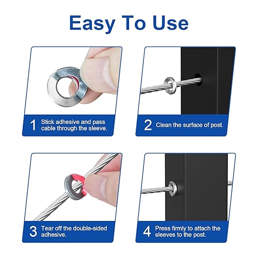 BLIKA 20Pack Cable Railing Adhesive Sleeves for 1/8" 5/32" 3/16" Wire Rope Cable, T316 Stainless Steel, 2.8mm Thickness Cable Railing Protector Adhesive Sleeves for Deck Stair Cable Railing Post Kits