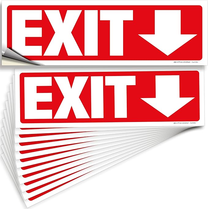 iSYFIX Exit Signs Stickers 12 Pack 12x4 Inch - Laminated Premium Vinyl Directional Down Arrow Signs for Buildings, Office, Workplace, Stores, Schools, Theaters, Parking, Restaurants, Factories