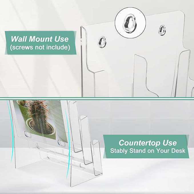 2 Pack Acrylic Brochure Holder 8.5 x 11 inches, 3 Tier Clear Brochure Display Stand with Removable Divider for Trifold 4 Inches Wide Pamphlet, Plastic Flyer Holder for Magazine, Literature, Booklet