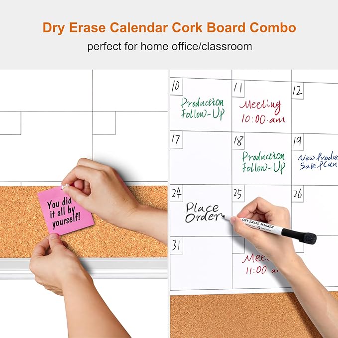 Comix Dry Erase Calendar Whiteboard Corkboard Combo, 36 * 24 inch Monthly Calendar and Bulletin Board Combination for Wall, Aluminum Frame Planner with Dry Erase Markers, Magnets, Push Pins
