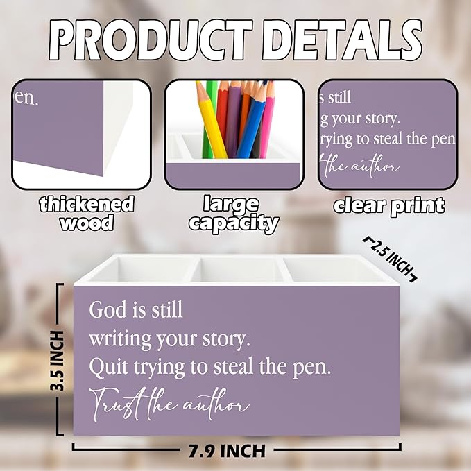XPH Purple Christian Pen Pencil Holder Organizer for Desk, Christian Gifts for Women, God Is Still Writing Your Story Bible Verse Wooden Box Sign for Home Office Desk Tabletop Decorations