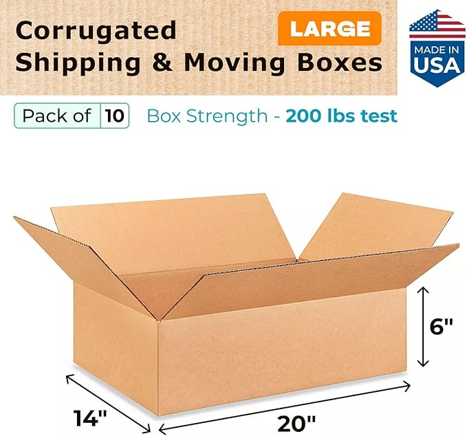 Large Shipping & Moving Boxes 20x14x6 inches (10-Pack) - Extra Strength 200 lb vs Regular - Corrugated Moving Boxes for USPS/UPS/FEDEX - Lasting Cardboard Box - Large Box by IDL Packaging
