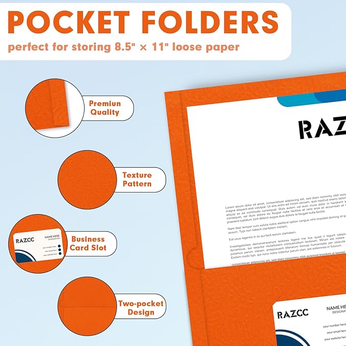 Two Pocket Folders, RAZCC 50 Pack 2 Pocket Folders Fit Letter Size Paper, Paper Folders with Pockets for School Office Business Home (Orange)
