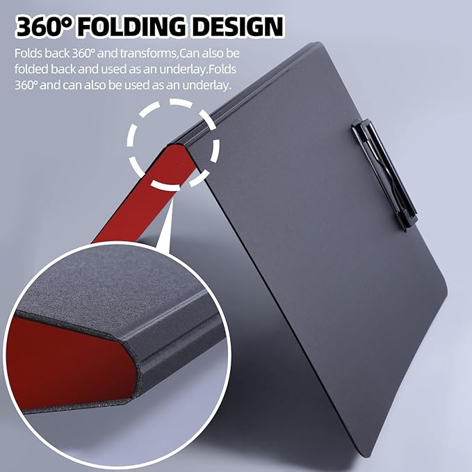 FRETONBA Clipboard Folder, 2 Pcs A4 Foldable Clipboard with Horizontal and Vertical Double Metal Clips, 360 Degree Foldable Binder Clipboards with Pen Holder, File Cover Work Folder Clipboards, Red