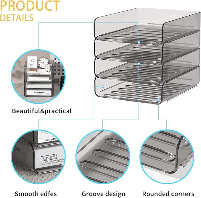 FANXIYQ Clear Paper Organizer - Brown Acrylic Stackable Paper Tray for Desk, 4-Tier Letter Tray Organizer with Smooth Edges and Rounded Corners