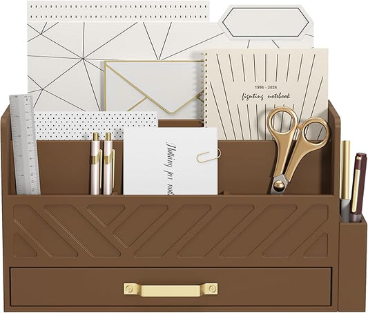 WISUCART Bamboo Desk Organizer Mail Holder Countertop Wood Desk Drawer Tabletop Storage Box Pen Holder Letter Sorter Makeup Organizer for School Home Office Supplies with Pen Holder Brown