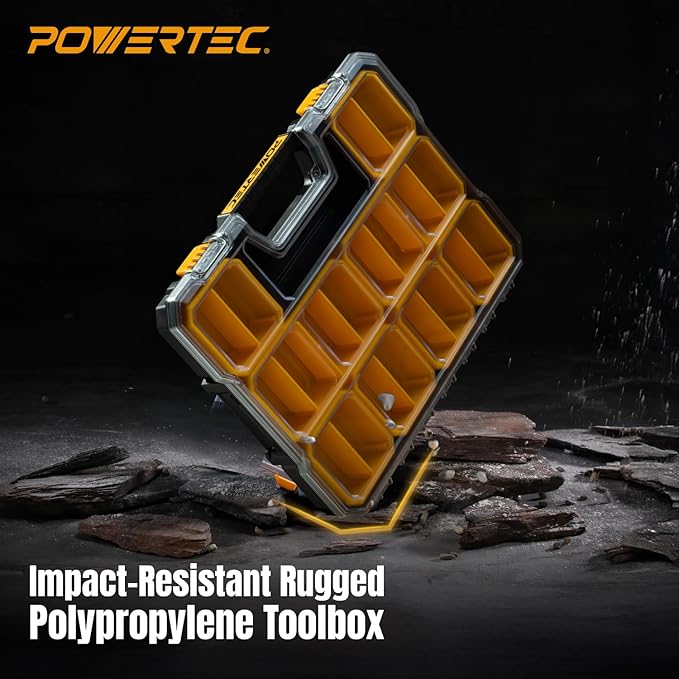 POWERTEC Small Parts Organizer & Tool Box – 20 Compartments, IP65 Water & Dust Protection, Stackable Storage with Interlocking Latch, Removable Bin, Dividers, Clear Lid, Portable Design (72366)