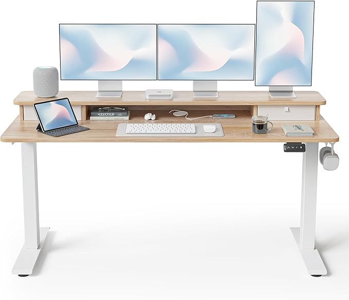 FEZIBO 60 x 24 Inch Height Adjustable Electric Standing Desk with Double Drawer, Stand up Home Office Computer Desk with 4 Height-Adjustable Feets & 2 Hooks, Maple
