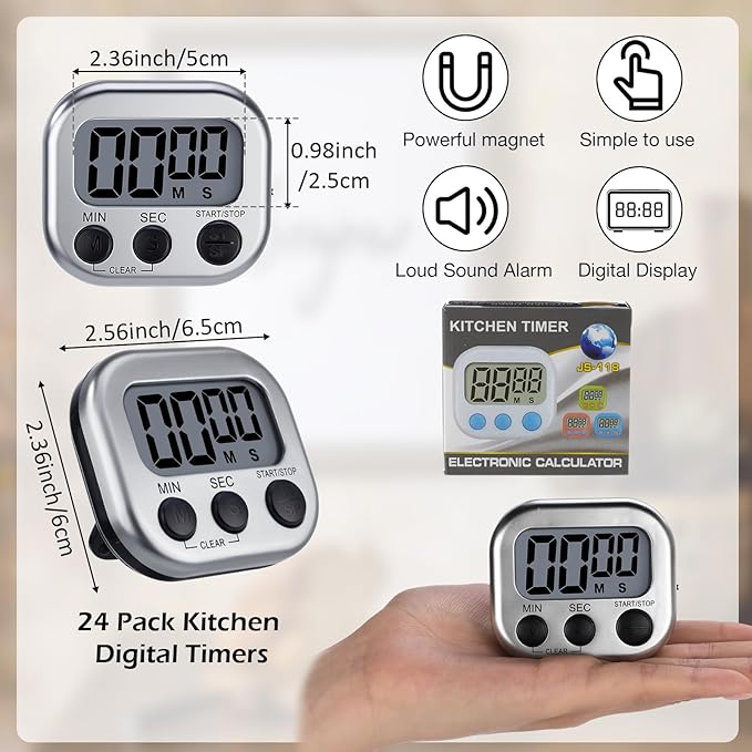 Leumoi 24 Pcs Digital Kitchen Timers Magnetic Back Timers Bulk Large Screen Loud Alarm On/Off Switch Minute Second Count up Countdown Memory Setting for Cooking Classroom Exercise (Sliver and Black)