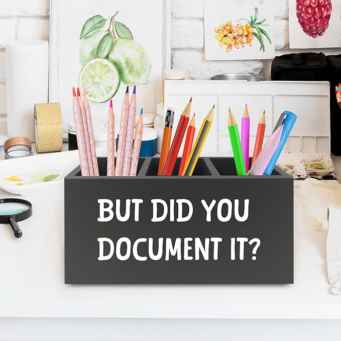 XPH Funny But Did You Document It Black Pen Pencil Holder Organizer for Desk, HR Human Resources Gifts, Office Humor Gifts, Wooden Box Sign for Office Workplace Desk Tabletop Decorations