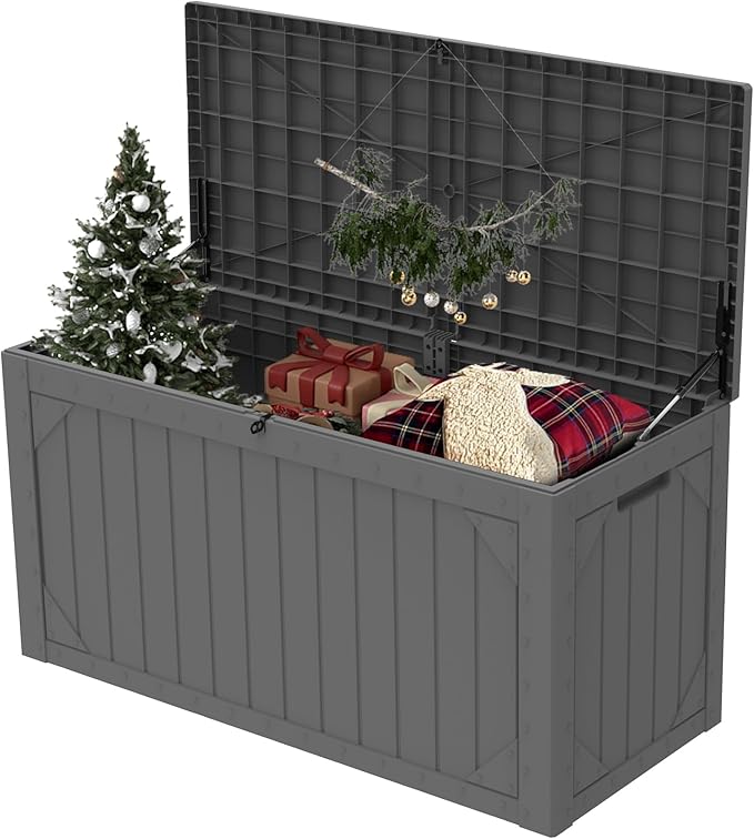 Decksplore 100 Gallon Outdoor Storage Box Waterproof, Lockable Resin Deck Box Patio Storage Bin for Pool Accessories Cushion Furniture, Garden Tools, UV-Resistant Outside Delivery, Grey