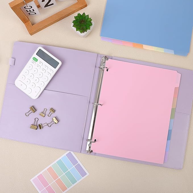 SKYDUE 8 Tab Durable Plastic Dividers, Big Tab Dividers for 3 Ring Binder, Write & Erase 3 Ring Binder Dividers with Tabs, with Sticker Labels, 1 Set, Aesthetic Pastels Binder Dividers