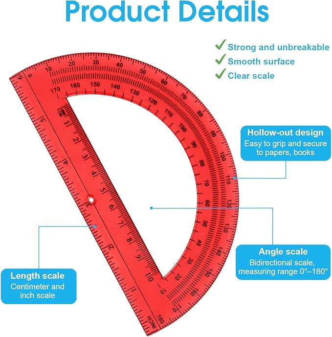 Hoiny 10 Pack Clear Protractor, 6 Inch Plastic Protractors, 180 Degrees Accurate Math Geometry Tools for School, Office, Classroom (Mixed Colors)