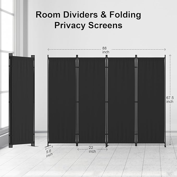 Kecreque Room Divider 4 Panel Partition Room Dividers & Folding Privacy Screens w/ 3 Metal Feet 6FT Portable Wall Doubles as a Dressing Screen Portable Wall for Office Kitchen Children's Room,Black