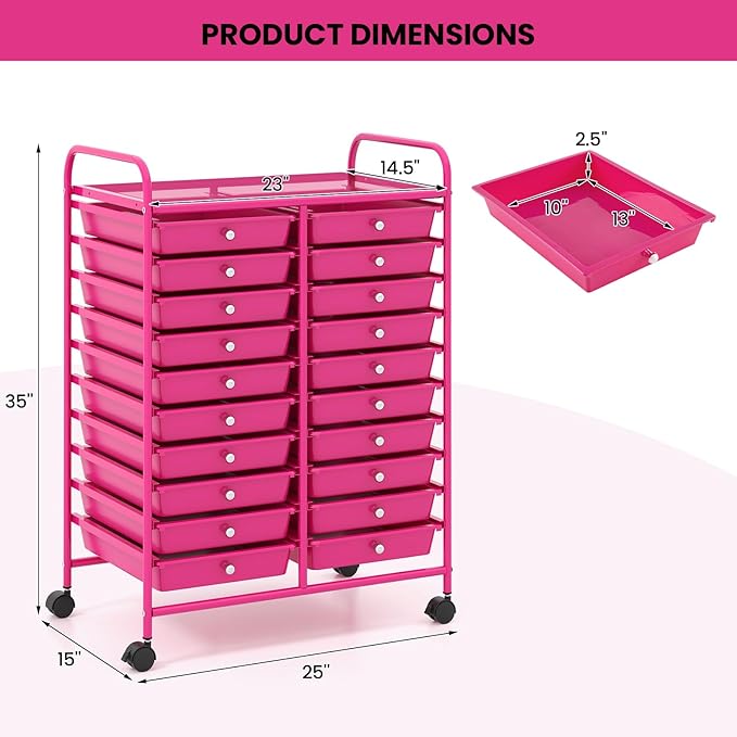 Happygrill 20-Drawer Organizer Cart Tools, Mobile Utility Storage Cart with Removable Drawers & Lockable Wheels, Rolling Storage Cart with wheels for Home Office School (Hot Pink)