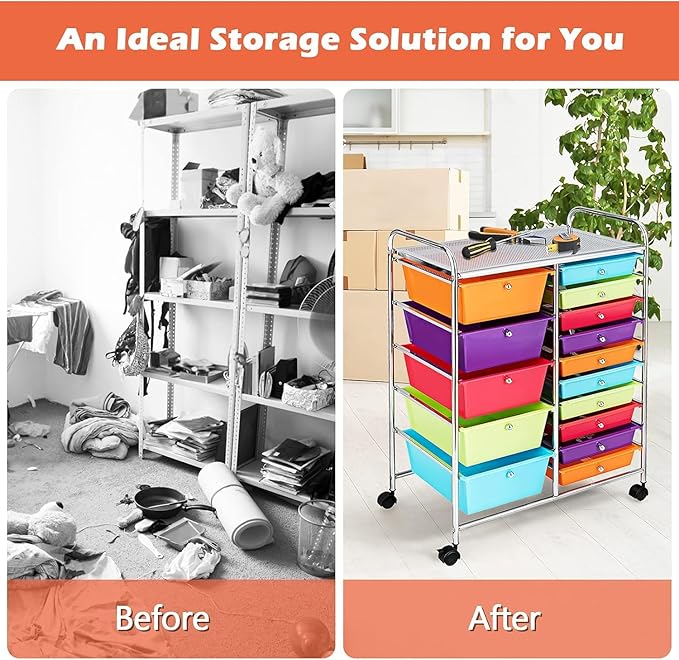 LDAILY 15 Drawer Rolling Storage Cart, Rolling Cart with Drawers for Classroom, Art Supply Craft Organizer on Wheel with Metal Frame & Handles for Home Office School