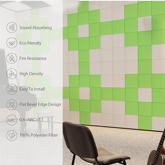 Amantech 12 Pack Acoustic Panels Self Adhesive Sound Proof Foam, High Density Sound Acoustic Panel, 12X12X0.4 Inch Square Panels in Home, Office, Reccording Room, Studio,and more(Beige)