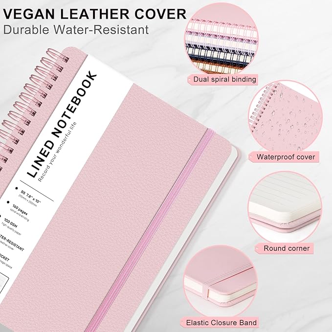 Lined Spiral Journal Notebook, B5 Spiral Notebook, 7.8''×10'' Journaling Notebooks for Work, School, Women, College Ruled Spiral Notebook, Hardcover Leather Notebook for Note Taking Business, Pink