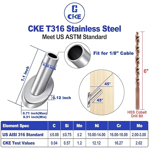 [Patent Design] CKE 40 Pack 45 Degree T316 Marine Grade Stainless Steel Angle Beveled Protector Sleeves Wood Post Protector for 1/8" Wire Rope Cable Railing, Come with a Free Drill Bit