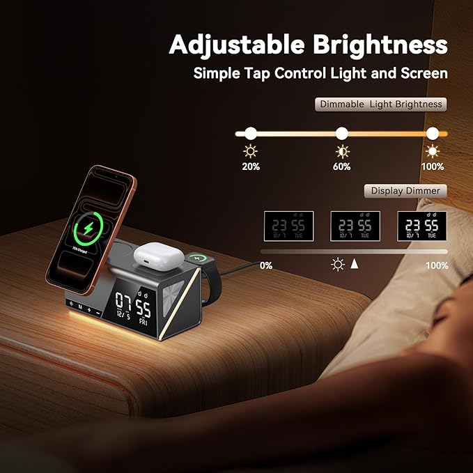 4URPC 6-in-1 Alarm Clock Wireless Charging Station for Apple Multiple Devices,MagSafe Charging Dock for iPhone 17/16/15/14/13 Series, Apple Watch, AirPods,Wireless Charger with Night Light/Alarm Clock