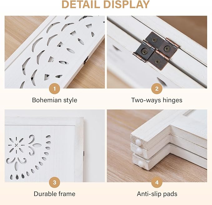 66.9Inch Wooden Room Partition - 3 Panels Boho-Styled Space Room Divider for Home/Office, Headboard & Yoga/Photo/Video Call Backdrop (White)