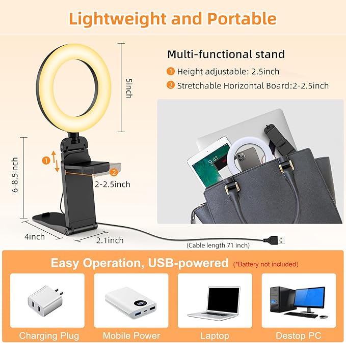 2Packs-Ring Light for Computer Laptop,Video Conference Lighting kit for Zoom Meetings,5" Small Led Selfie Light Portable DeskLight with Stand,Cell Phone Holder Desktop Lighting for Skype Call Black