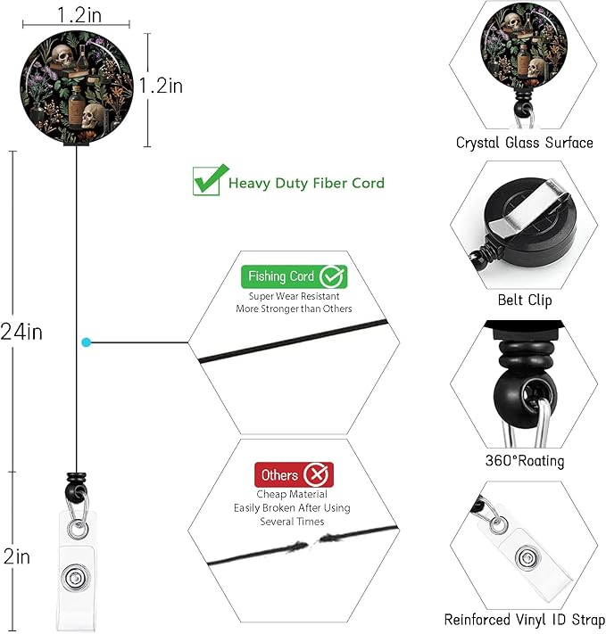 ID Badge Holder with Lanyard, Lanyards for ID Badges ID Card Holder, Cute Badge Reel Badge Clip Retractable, Teacher Nurse School Student Office Gifts Goth Mystical Floral