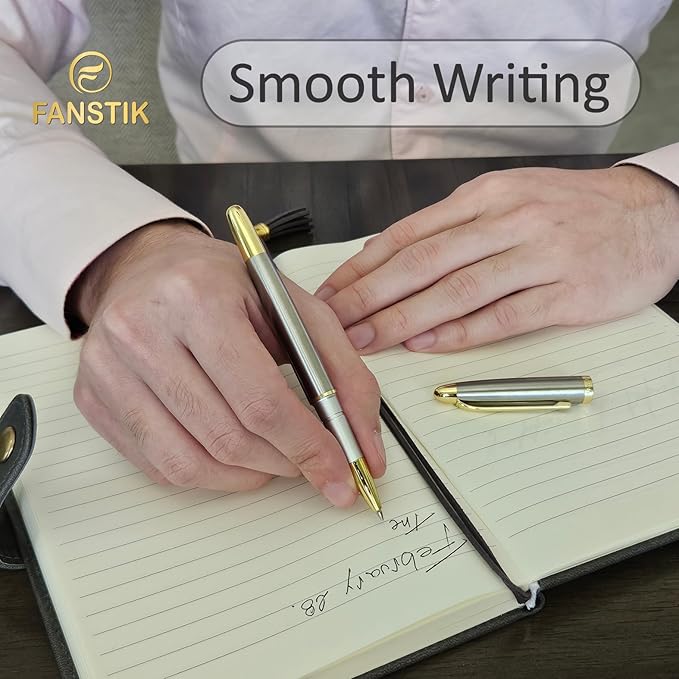 FANSTIK Customized RollerBall pen with name (MADE IN USA), stainless steel, Silver and gold, luxury engraved pen personalized for men and for women. (RollerBall Silver-Gold).