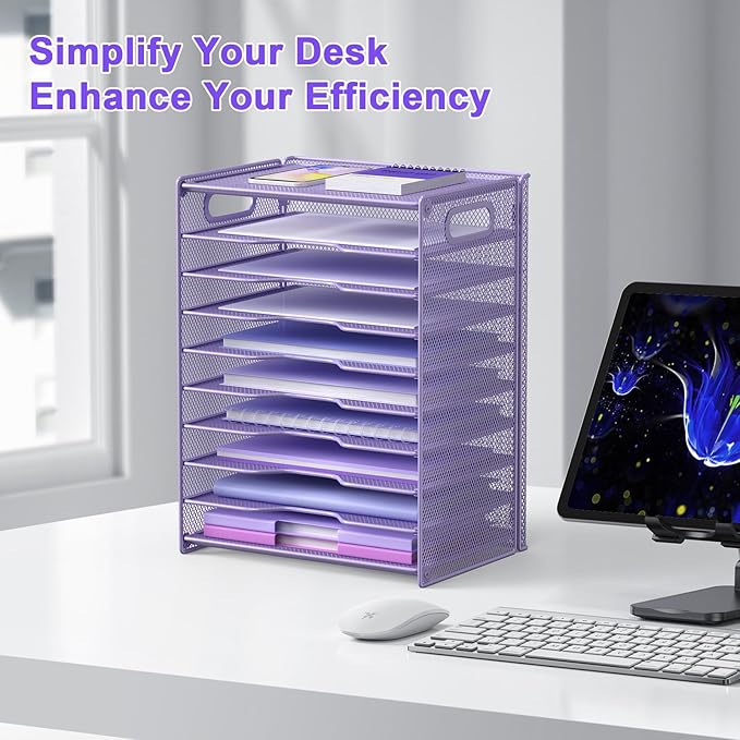 OUTWOLF 10 Tier Paper Organizer - Letter Tray Mesh Desk File Organizer with Handles for Office School Desktop, Purple