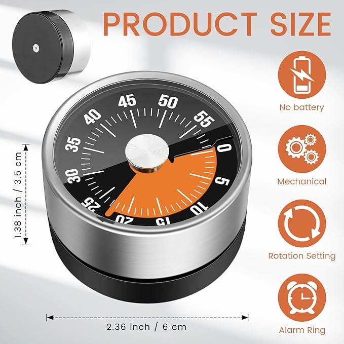 6 Pcs 60 Minute Visual Kitchen Timer Small Classroom Timers with Loud Alarm Stainless Steel Mechanical Timers for Classroom Desk Teaching Chef Countdown Egg Baking Office Cooking(Black)