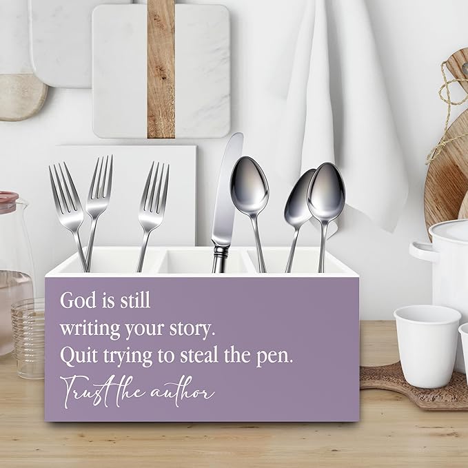 XPH Purple Christian Pen Pencil Holder Organizer for Desk, Christian Gifts for Women, God Is Still Writing Your Story Bible Verse Wooden Box Sign for Home Office Desk Tabletop Decorations