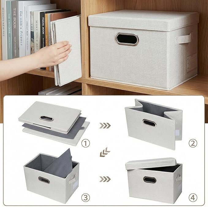 PRANDOM Storage Bins with Lids [3-Pack] Linen Fabric Foldable Storage Boxes Organizer Containers Baskets Cube with Cover for Bedroom Closet Office Beige（11.4X8.6X6.7