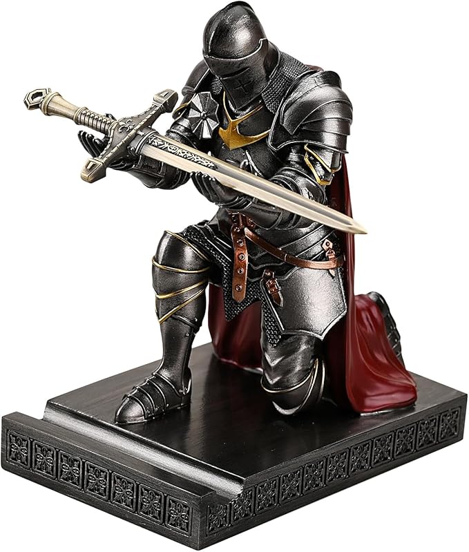 Amoysanli Medieval Armored Warrior Wearing Outerwear, Mobile Phone Stand Knight Pen Holder Desk Organizers, Resin Bookends Paperweight with a Letter Opener for Desk (Iron)