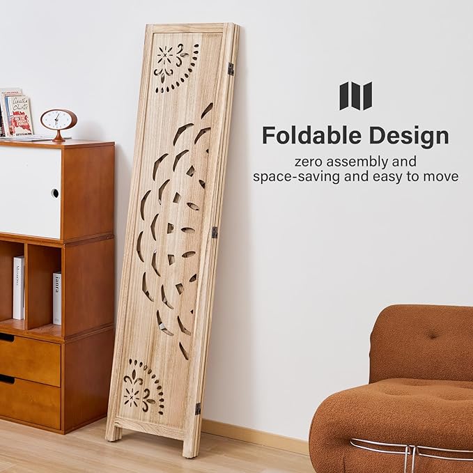 66.9Inch Wooden Room Partition - 3 Panels Boho-Styled Space Room Divider for Home/Office, Headboard & Yoga/Photo/Video Call Backdrop (Natural)