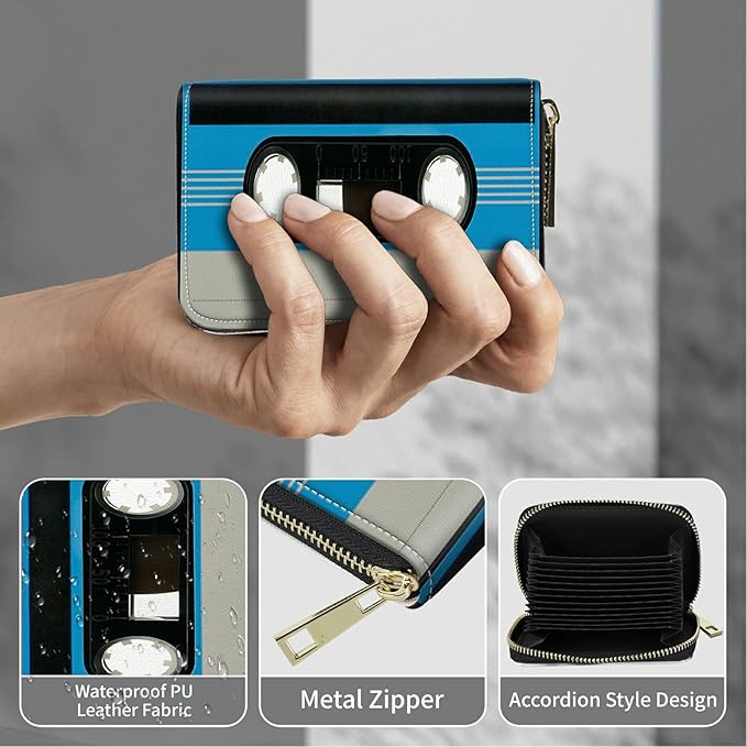 BWEGRHE Cute Credit Card Holder with Zipper, Blue Cassette RFID-Blocking Card Case Small Wallet for Women Men, Multi-slot Card Organizer Case Travel Accordion Wallet
