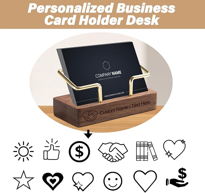 HJX Custom Business Card Holder Desk-Personalized Engraved Wooden Business Card Case Holder, Customized Name Logo Business Card Display Gifts for Men Women (Black - Walnut)