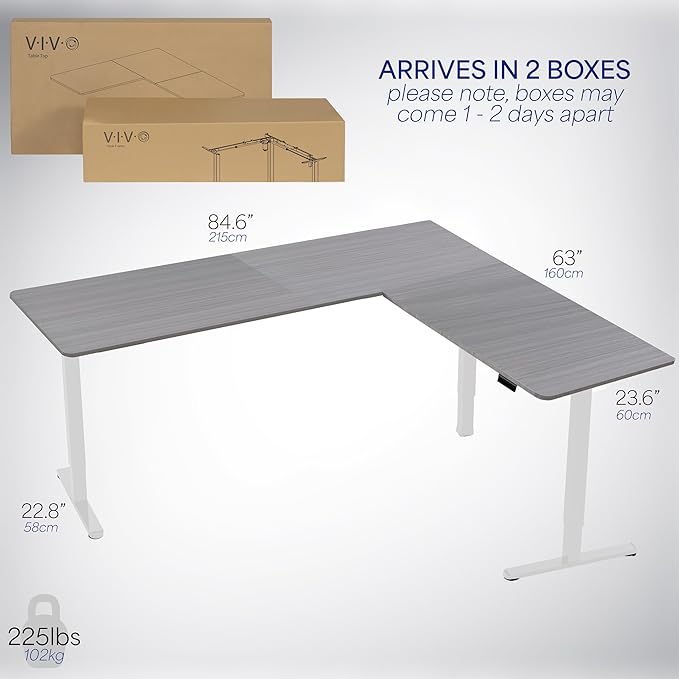 VIVO Electric Corner 84 x 63 inch L-Shaped Standing Desk, Memory Height Adjustment, Dark Gray Top White Frame, DESK-E3CTWG-84